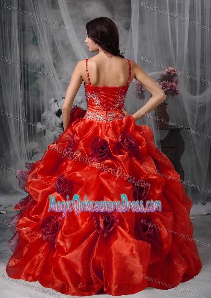 Red Beaded Floor-length Quinceanera Gown Dress with Straps and Ruffles